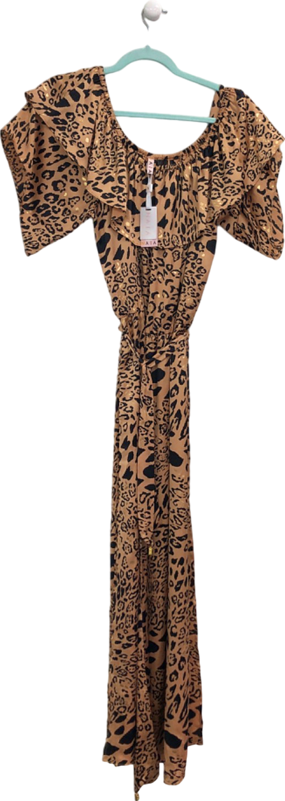 NAIA Leopard Halle Bardot Frill Maxi Dress Golden Leopard UK M