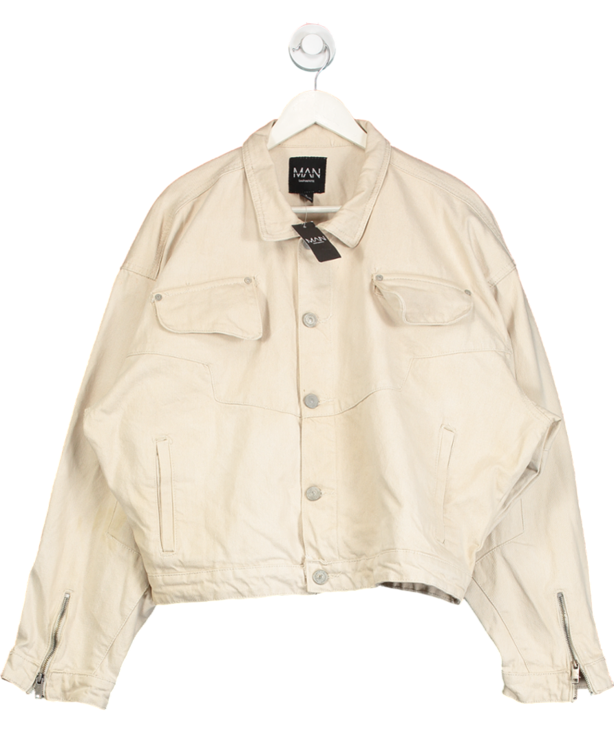 boohooMan Beige Denim Boxy Fit Jacket UK L
