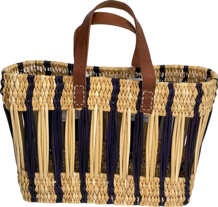 Beige Decorative Reed Basket, Indigo Stripe Straw Bag