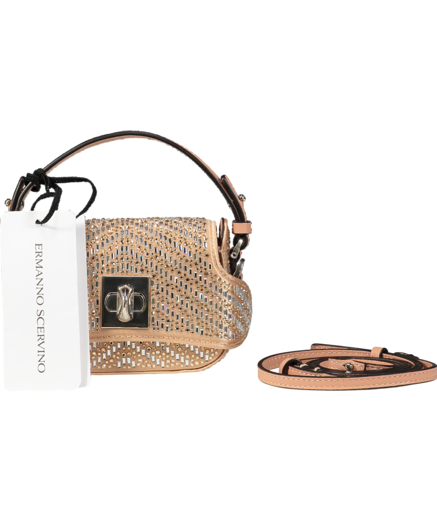 Ermanno Scervino Nude Mini Crystal Leather Bag with top handle & detachable shoulder strap