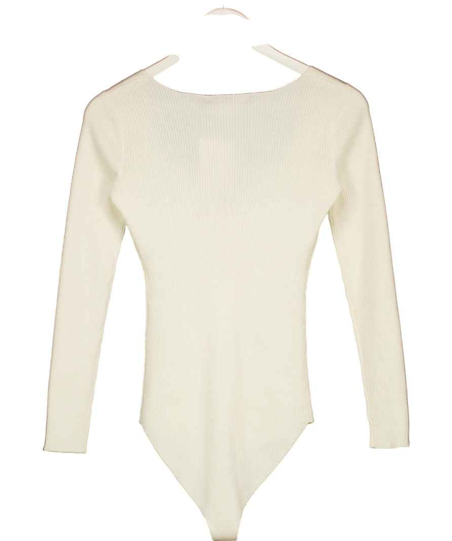 Sezane Cream Cotton Wool Blend Ribbed Bodysuit UK M