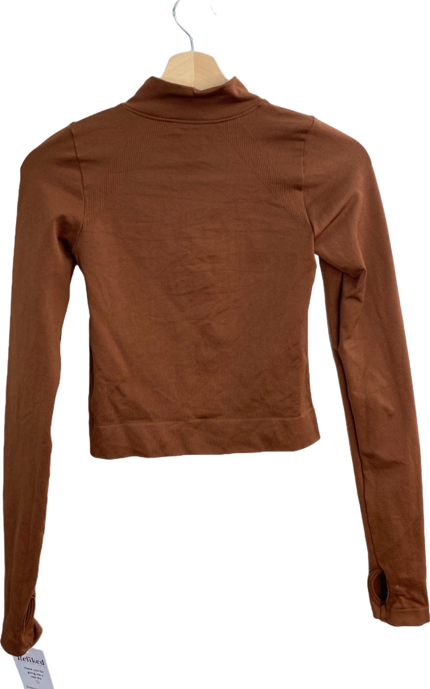 PrettyLittleThing Brown Half Zip Long Sleeve Top UK XS