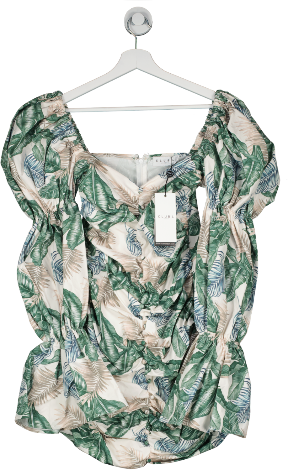 Club L Green Tropical Print Ruched Puff Sleeve Mini Dress UK 10