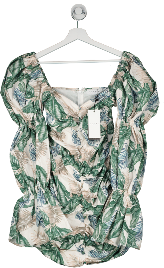 Club L Green Tropical Print Ruched Puff Sleeve Mini Dress UK 10