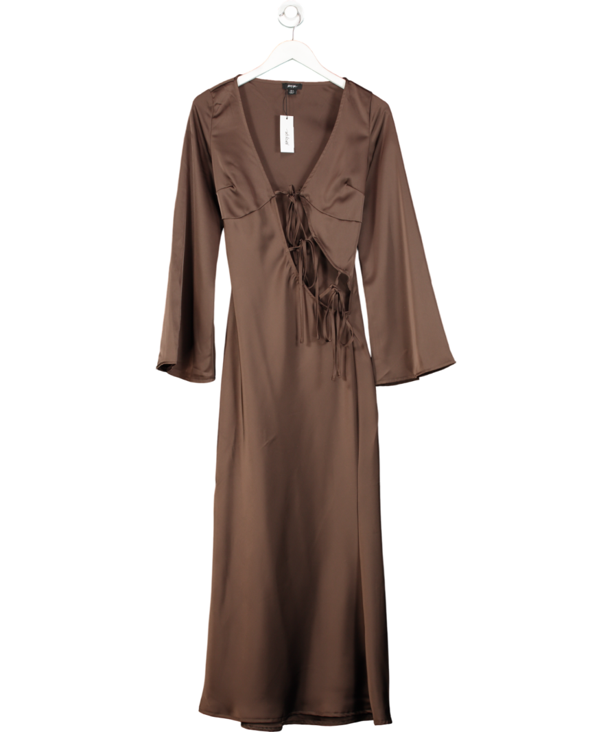 Nasty Gal Brown Satin Asymmetric Tie Long Sleeve Maxi Dress UK 8