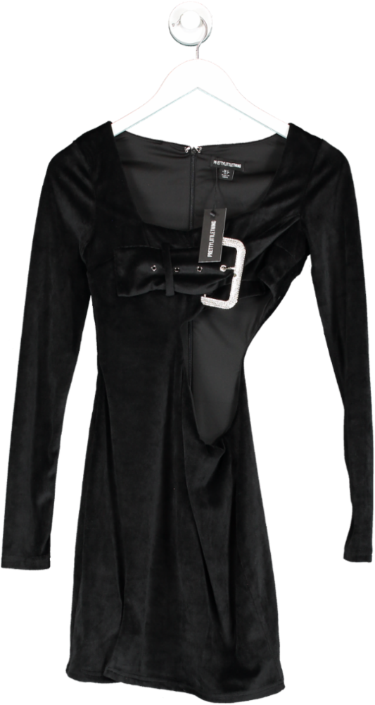 PrettyLittleThing Black Velvet Long Sleeve Diamante Buckle Mini Dress UK 6