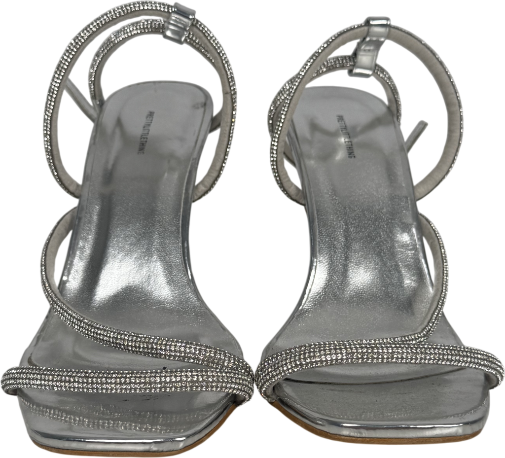 PrettyLittleThing Metallic Silver Pu Square Toe Diamante Asymmetric Strap Heeled Sandals UK 3 EU 36 👠