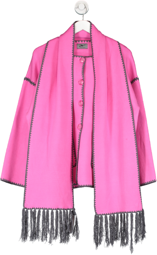 Y London Pink Isla Contrast Stitch Cardigan With Scarf One Size