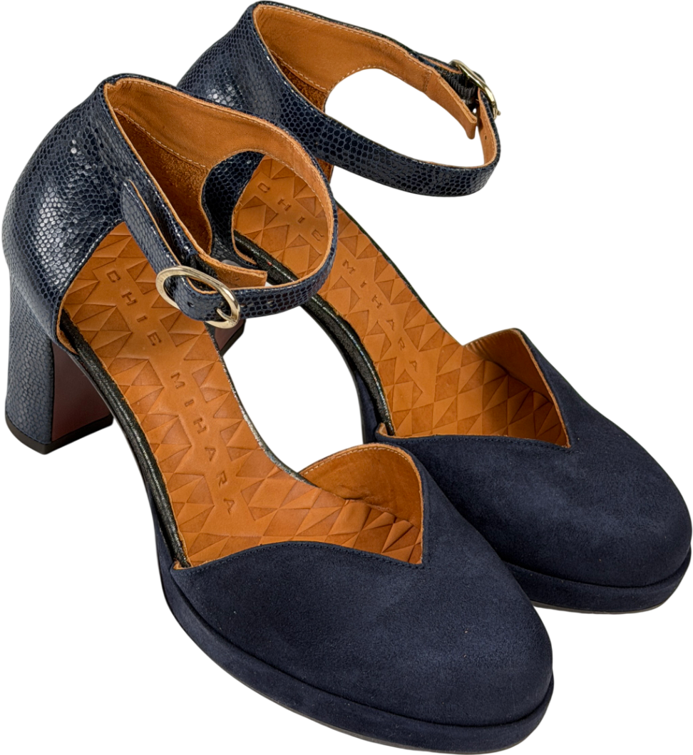 CHIE MIHARA Jo Maho Navy Blue Suded & Leather Block Heel Mary Jane Pumps UK 3 EU 36