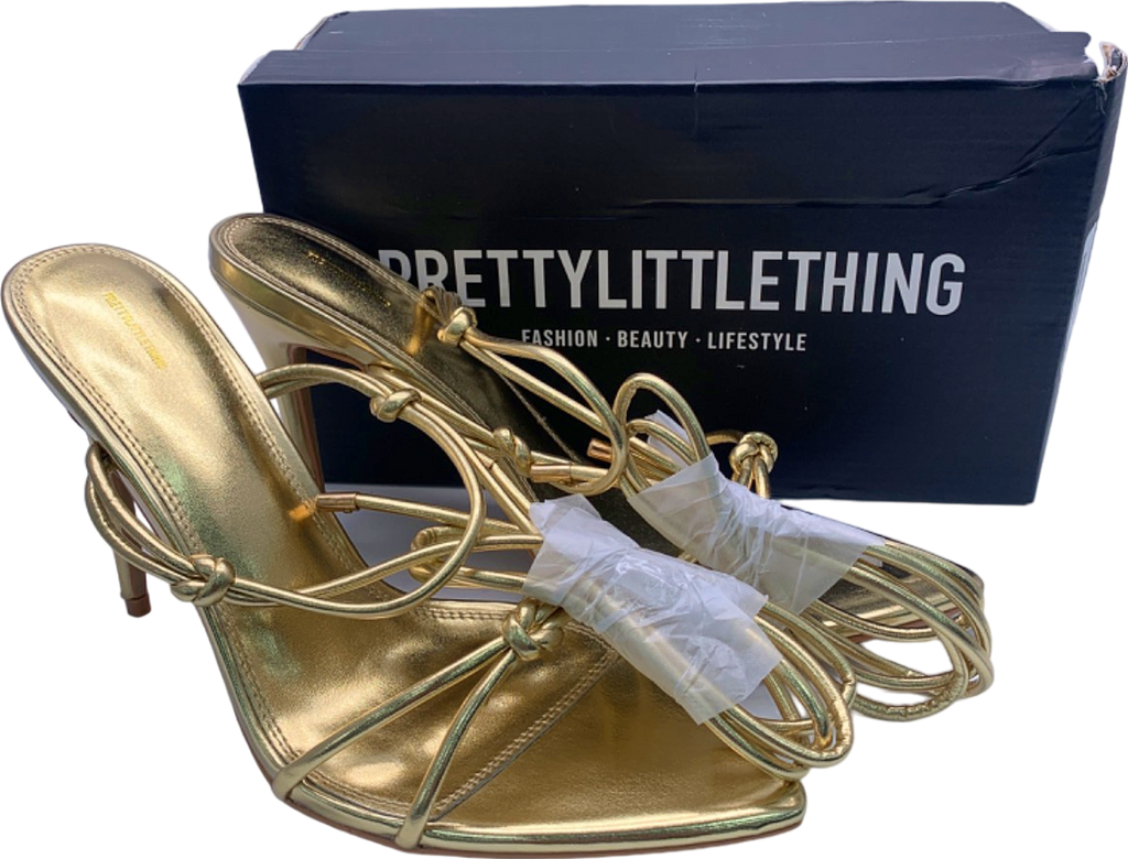 PrettyLittleThing Gold Metallic Strappy Lace Up Heeled Sandals UK 5