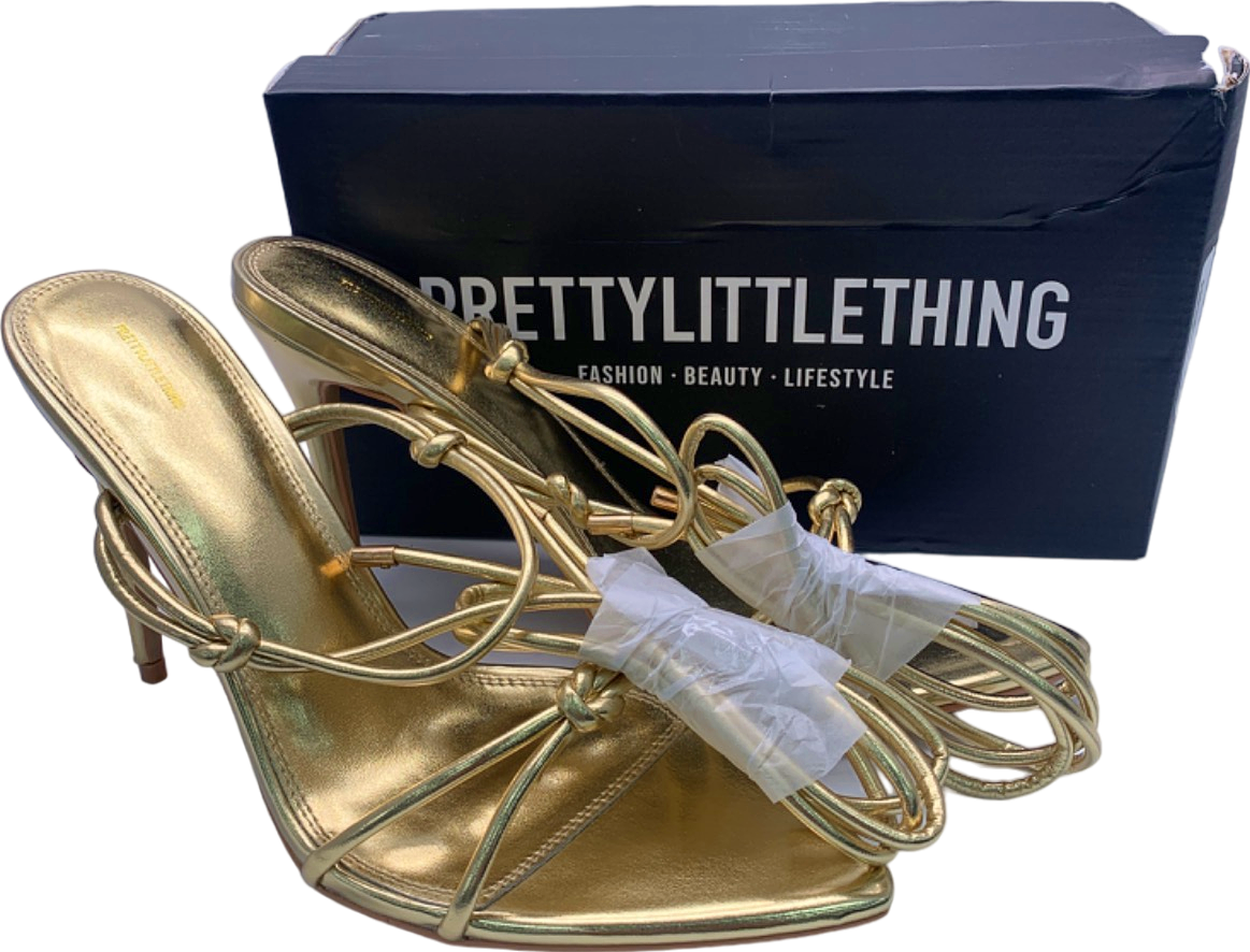 PrettyLittleThing Gold Metallic Strappy Lace Up Heeled Sandals UK 5