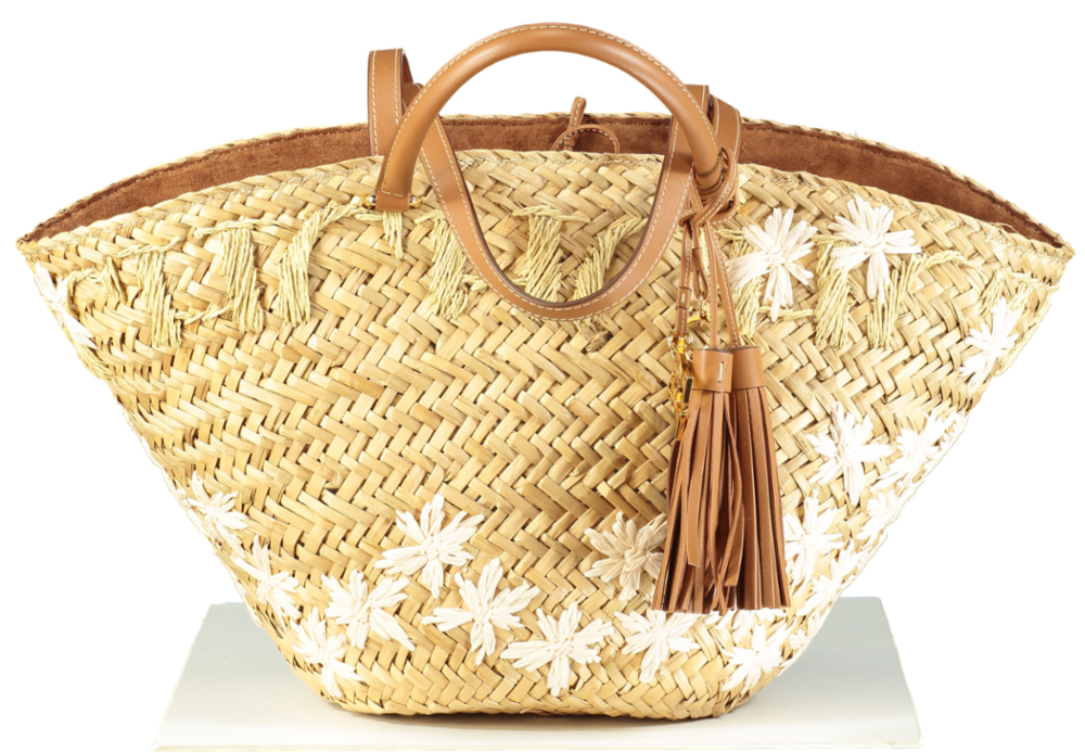 Carolina Herrera Capazo CHHC Beige Straw & Tan Leather Beach Tote Basket Bag