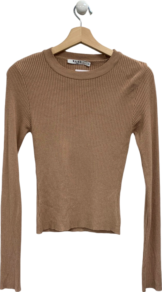 Na-kd Beige Ribbed Long Sleeve Top UK XS