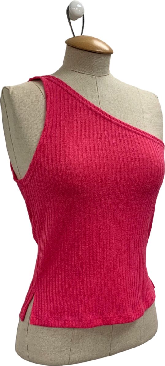 White Fox Pink One Shoulder Ribbed Top UK S