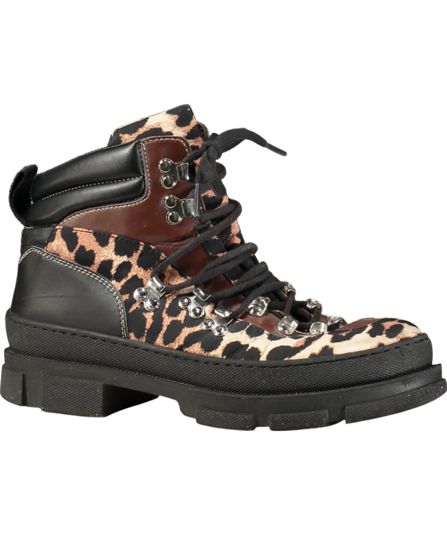 Ganni Brown Leopard-print Mixed-media Hiking Boots UK 5 EU 38 👠