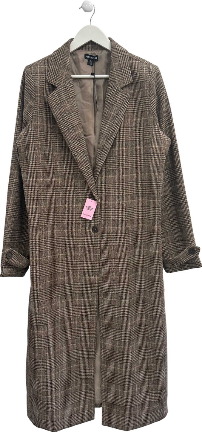 PrettyLittleThing Brown Check Print Oversized Trench Coat UK 12