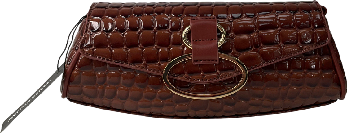PrettyLittleThing Brown Vinyl Link Croc Print Shoulder Bag