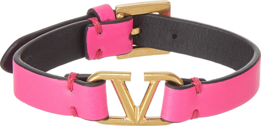 Valentino Garavani Pink / Gold V Logo Leather Bracelet One Size