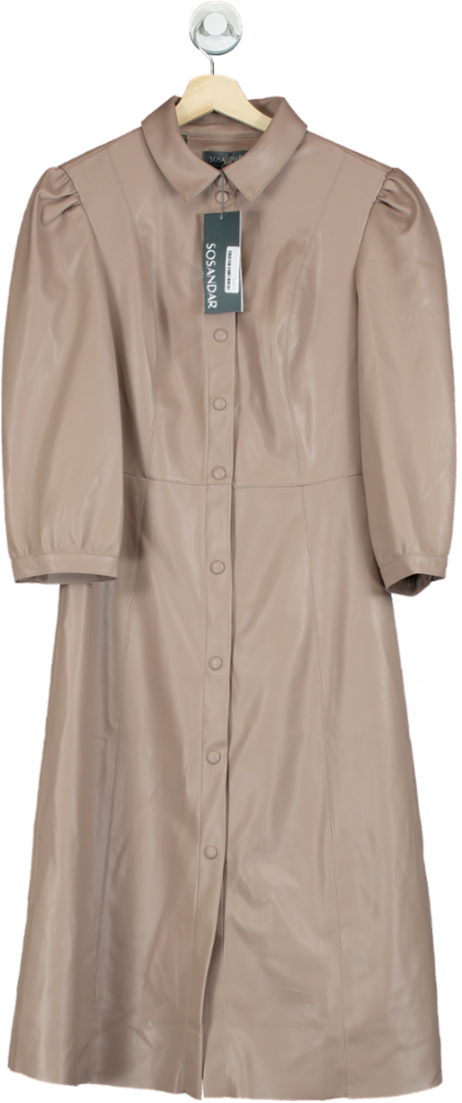 Sosandar Mocha Faux Leather Popper Front Shirt Dress UK 12