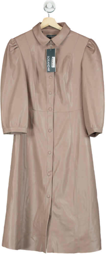 Sosandar Mocha Faux Leather Popper Front Shirt Dress UK 12