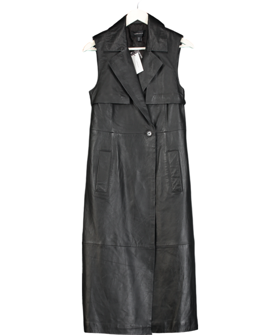 Karen Millen Black Leather Sleeveless Belted Storm Flap Detail Trench Coat UK 6