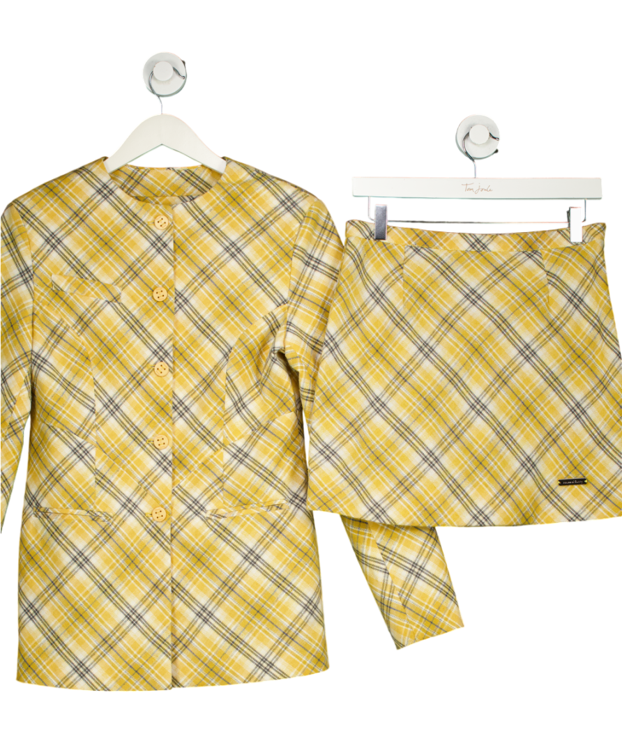 HOUSE OF SUNNY 2-piece Yellow Check-print Round-neck Slim-fit Woven-blend Blazer And Mini Skirt UK 8