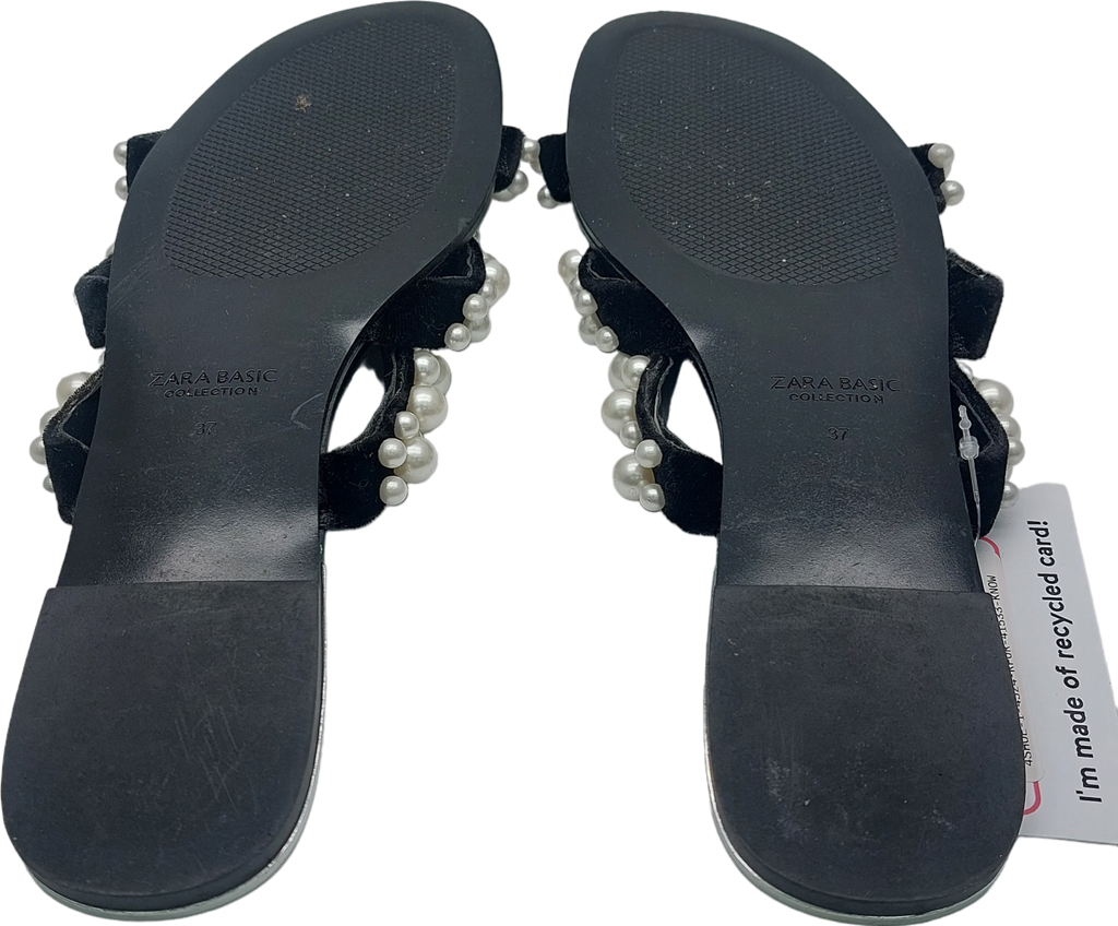 ZARA Black Flat Pearl Sandals UK 4 EU 37 👠