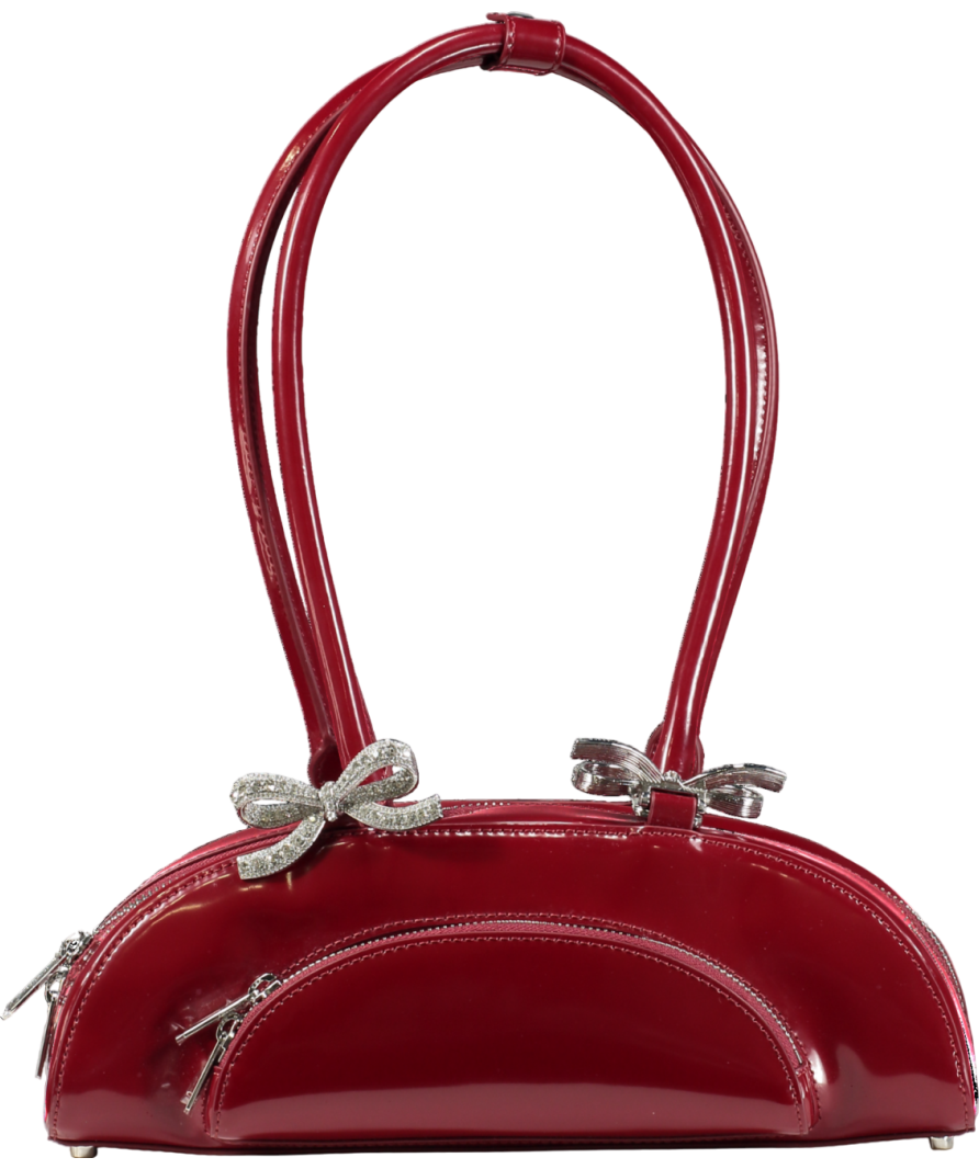 Self-Portrait Red Bow-embellished Curved Leather Shoulder Bag