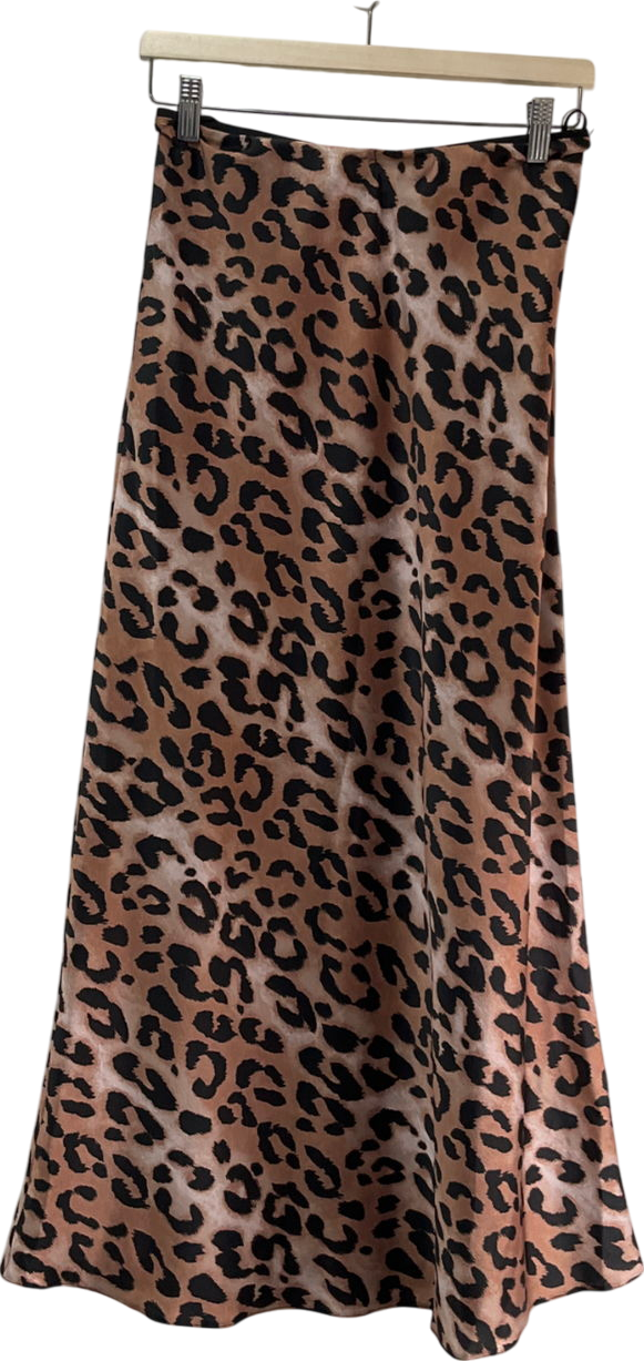 New Look Brown Animal Print Textured Satin Midi Skirt UK 10