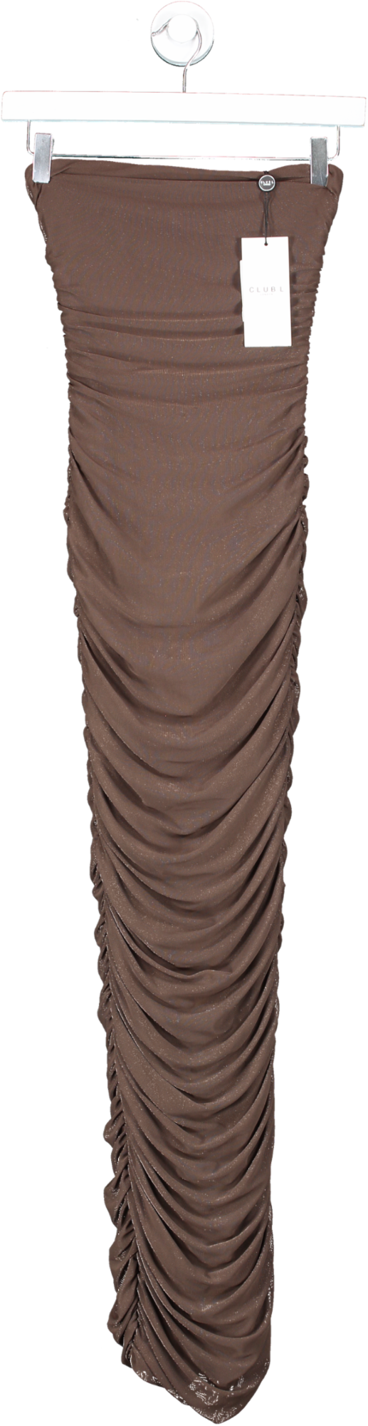 Club L Chocolate Brown Strapless Bodycon Ruched Mesh Maxi Dress UK 4