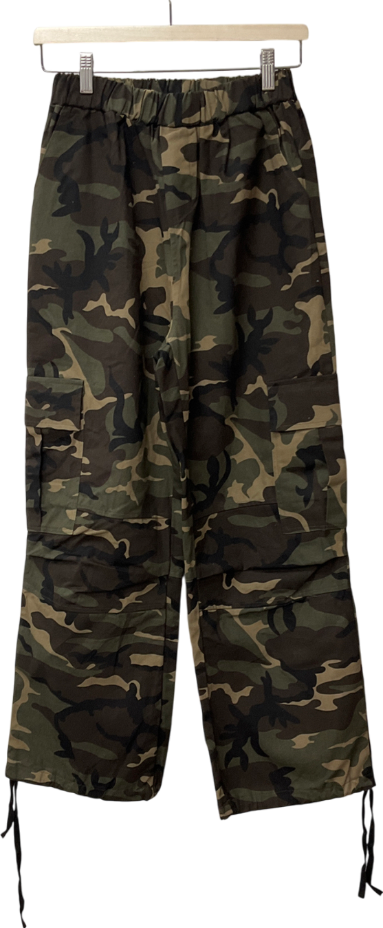 romwe Green Guys Camo Print Flap Pocket Drawstring Waist Cargo Trousers UK M