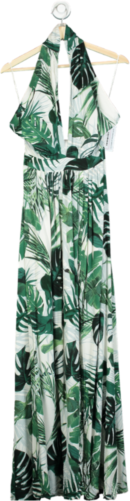 Green and White Leaf Print Halter Maxi Dress UK L