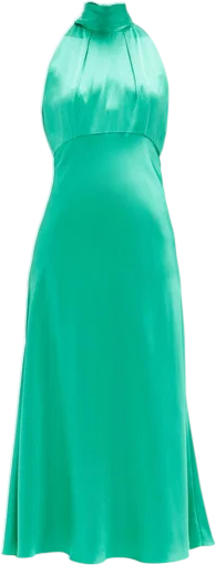 SALONI Green Michelle High-neck 100% Silk-satin Midi Dress UK 6