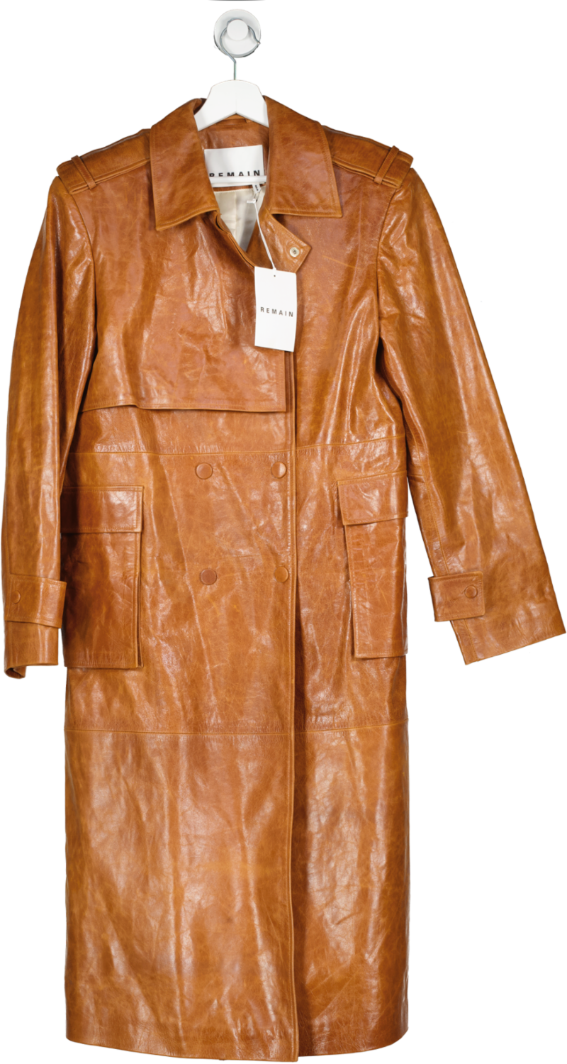 Remain Birger Christensen Brown Pirello Leather Coat UK 12