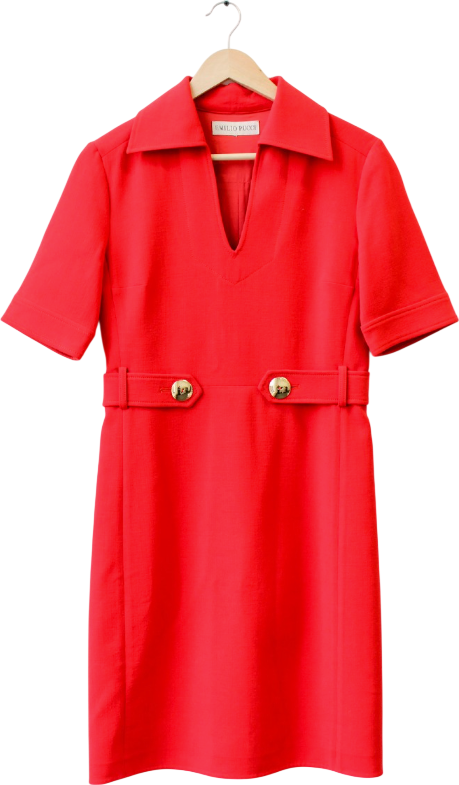 Emilio Pucci Red Wool Bend Notch Neck Shift Dress With Gold Logo Buttons UK 8