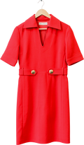 Emilio Pucci Red Wool Bend Notch Neck Shift Dress With Gold Logo Buttons UK 8