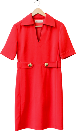 Emilio Pucci Red Wool Bend Notch Neck Shift Dress With Gold Logo Buttons UK 8