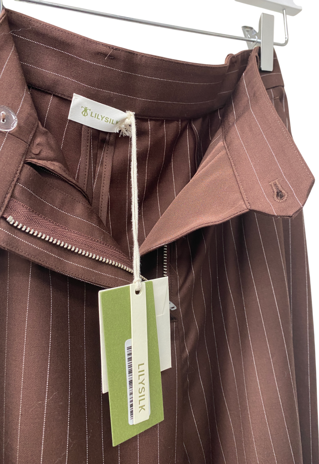 Lily Silk Brown Pinstriped Wool/Silk Blend High-rise Straight Pants UK 8