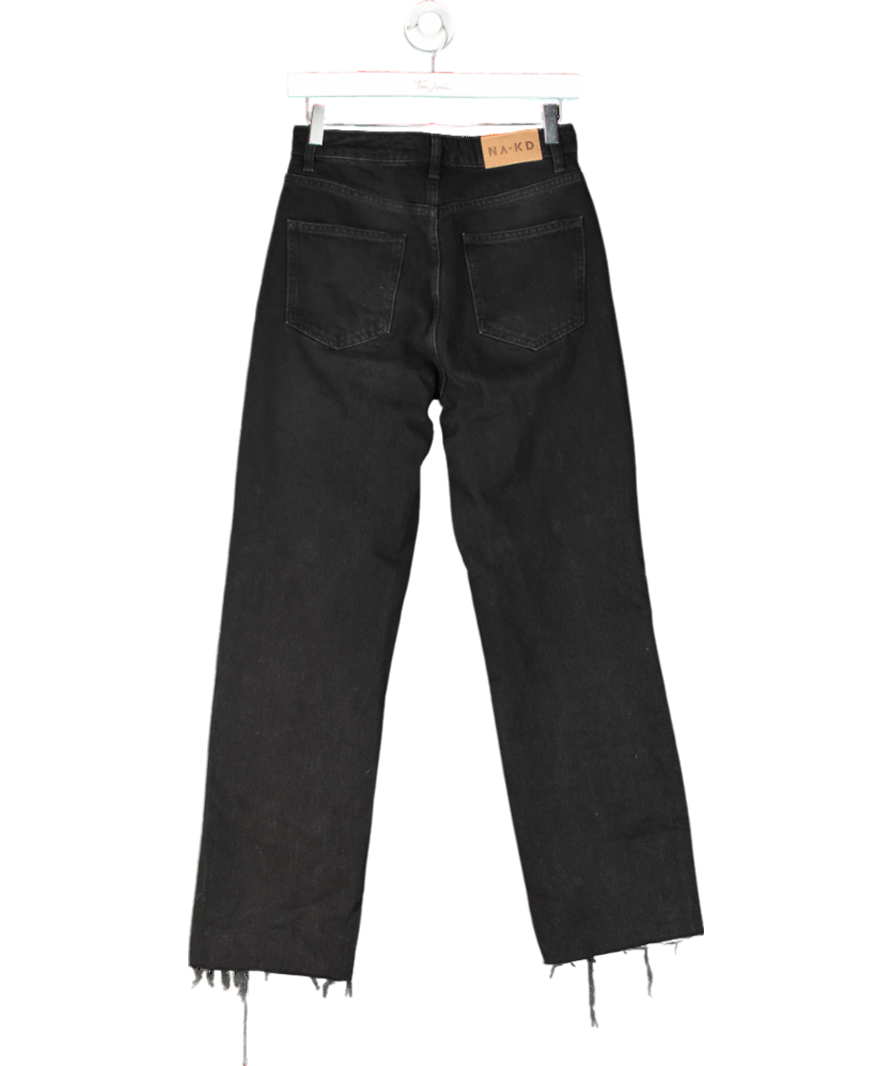 NA-KD Black Straight High Waisted Raw Hem Jeans UK 8