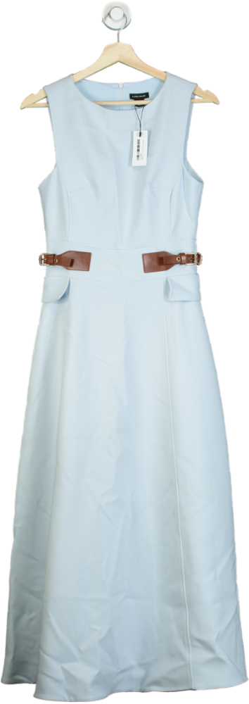 Karen Millen Light Blue Compact Stretch Tab Waist Detail Full Skirt Midi Dress UK 6