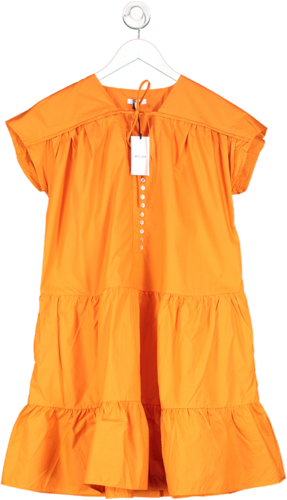 Iris & Ink Orange Organic Cotton Poplin Button Detail Tiered Mini Dress BNWT UK 10