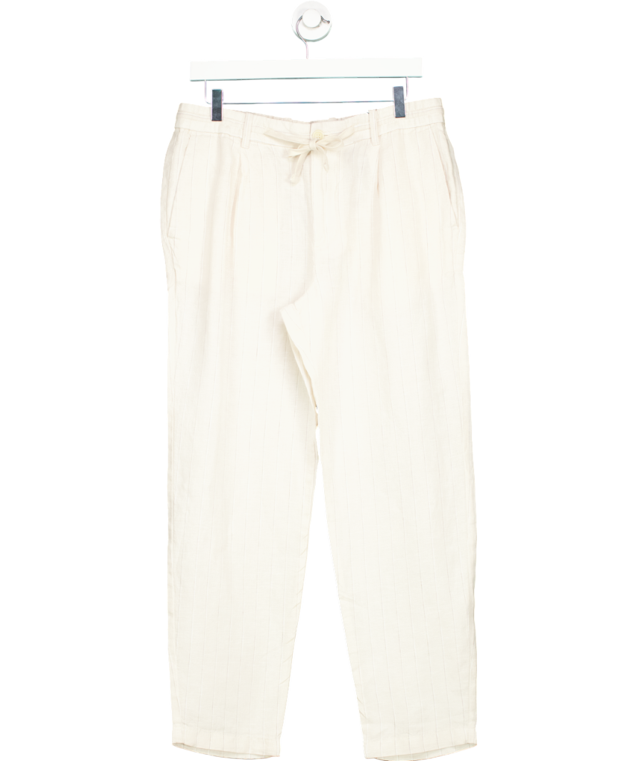 MANGO Cream 100% Linen Striped Trousers With Drawstring W32