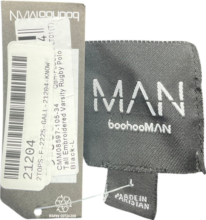 boohooMan Black Tall Embroidered Varsity Rugby Polo Shirt UK L