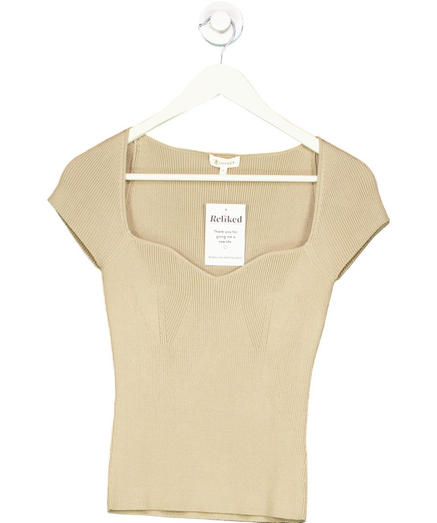 Lily Silk Beige Sweetheart Neck Ribbed Silk Knit Top UK M