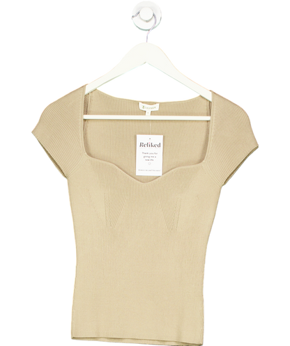 Lily Silk Beige Sweetheart Neck Ribbed Silk Knit Top UK M