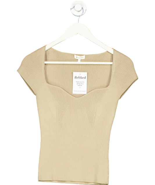 Lily Silk Beige Sweetheart Neck Ribbed Silk Knit Top UK M