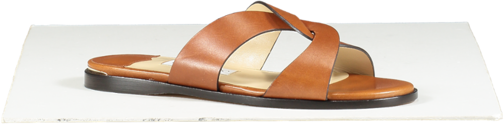Jimmy Choo Brown Tan Smooth Leather Atia Crossover Strap Flat Slides BNIB UK 4.5 EU 37.5 👠