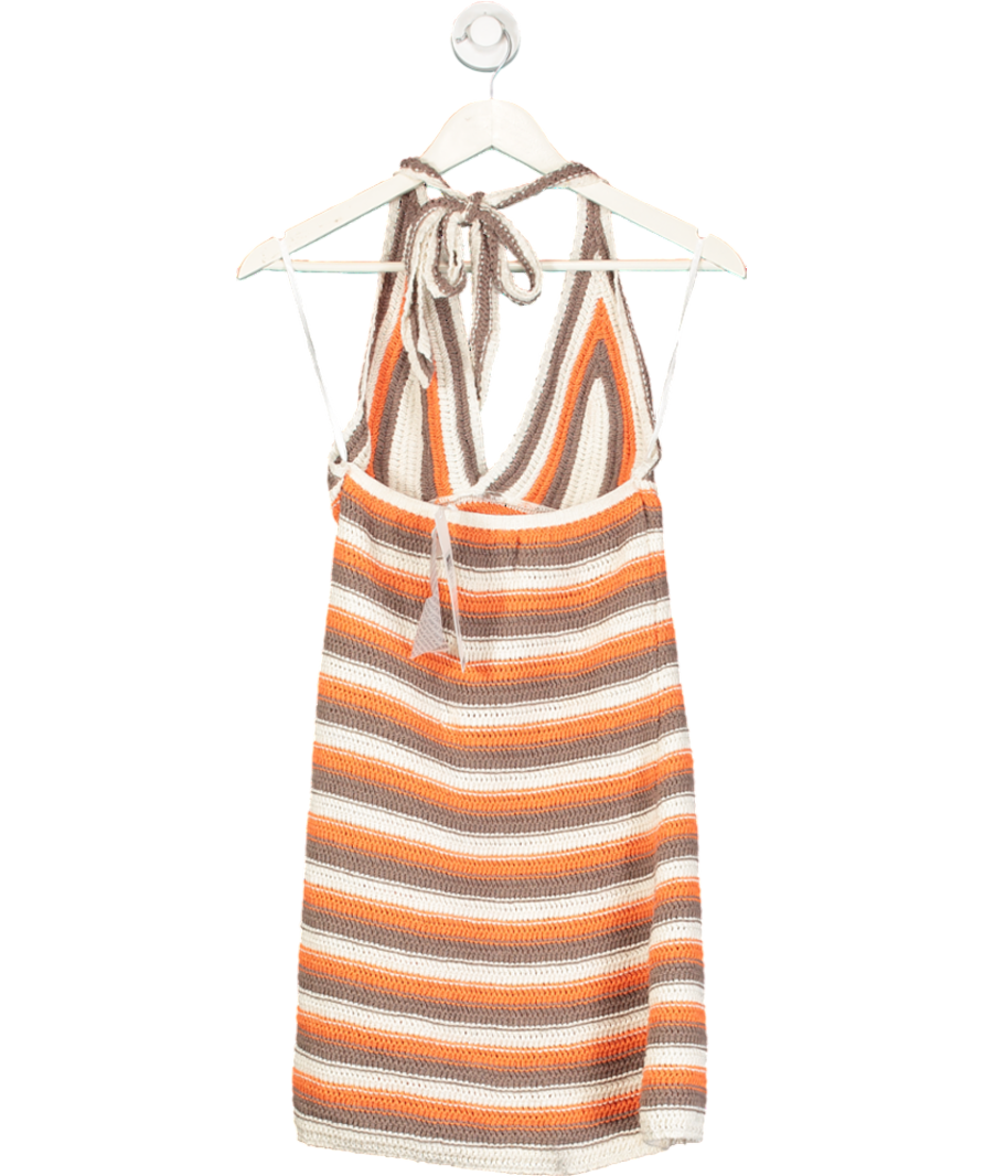 Multicoloured Neon & Nylon Crochet Halterneck Mini Dress In Orange Stripe UK 10