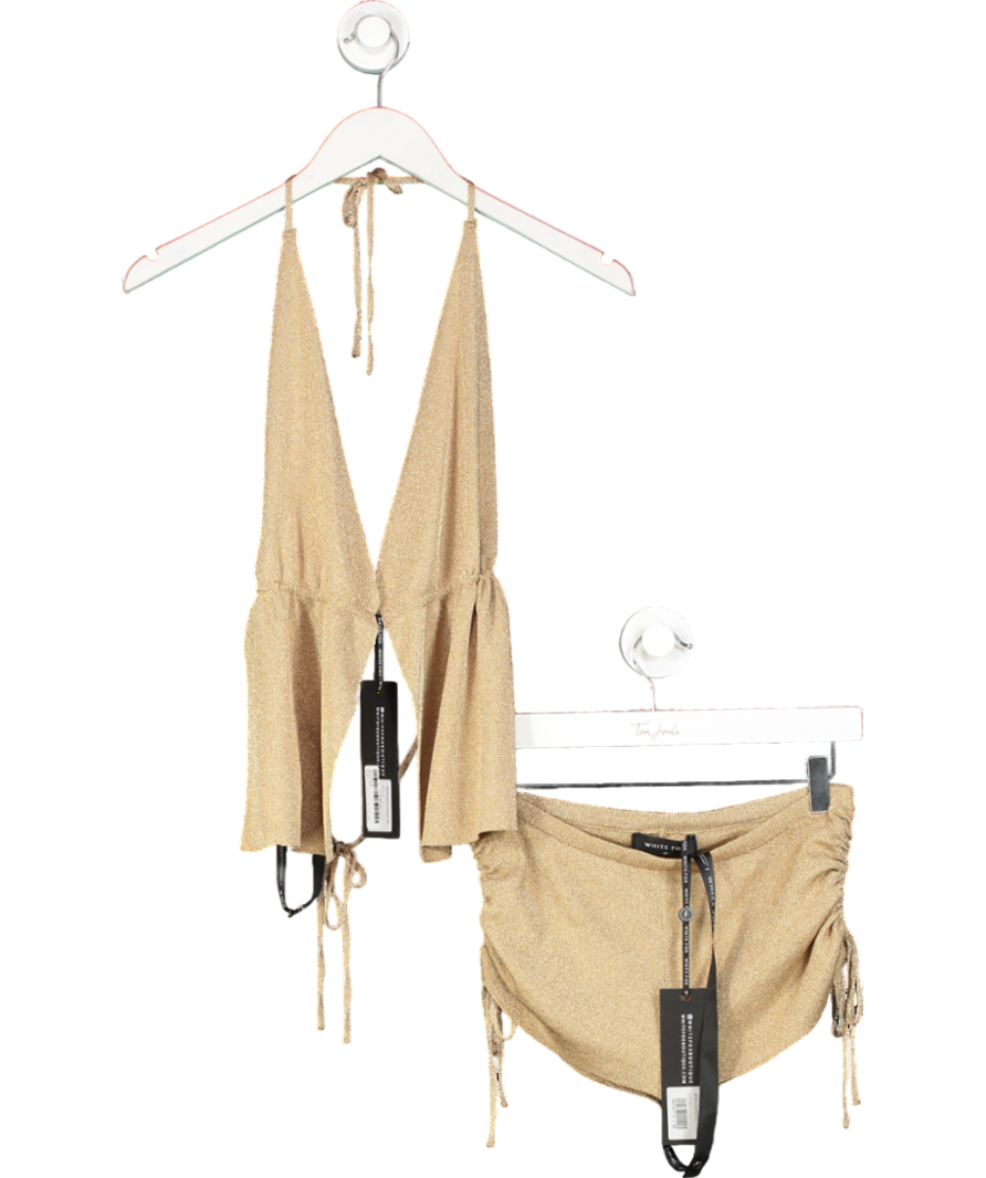White Fox Beige Hidden Gem Halter Knit Top And Shorts Set UK M