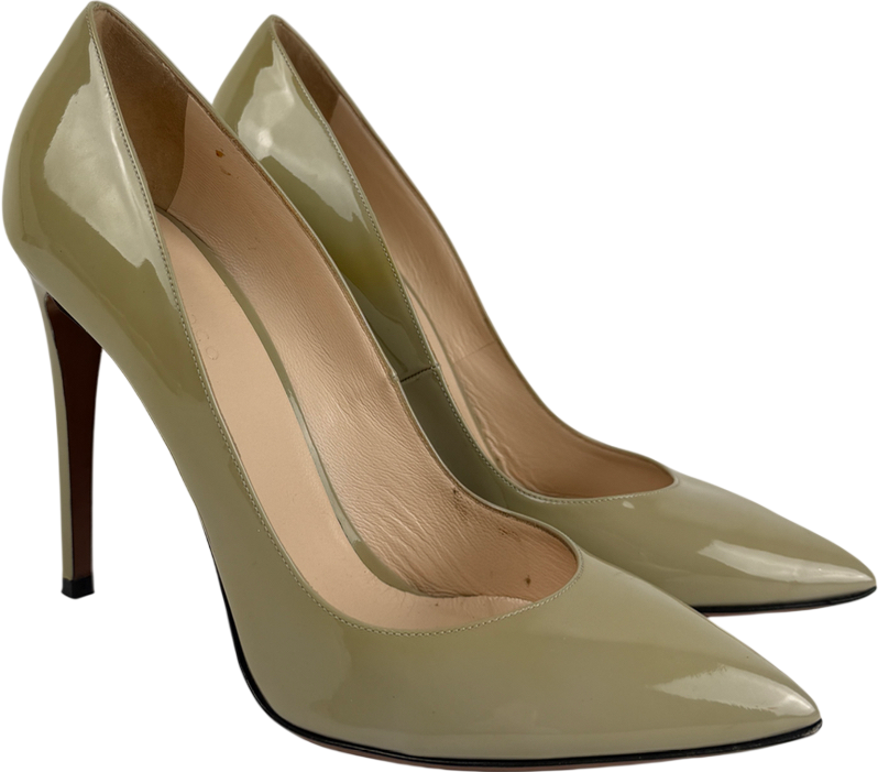 BOHOBOCO pale olive Green Slip On Patent Pointed Toe Heels UK 8 EU 41 👠
